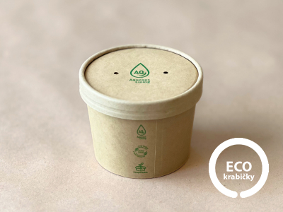 Bio papírová miska hnedá - PLASTIC FREE (12 oz) 390 ml, víčko zvlášť