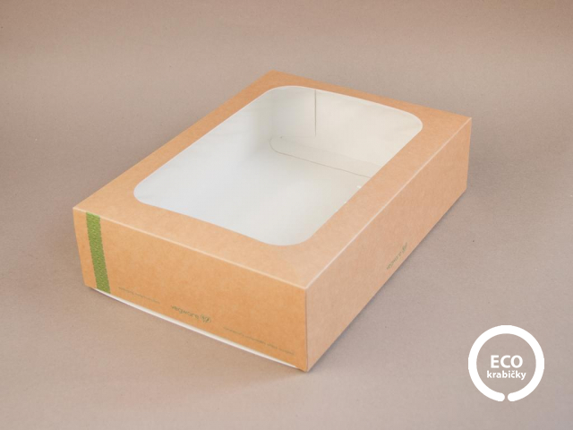 Bio papírový box na sendviče hnědý + PLA oknem STANDARD 31 x 22,5 x 8,2 cm