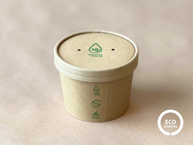 Bio papírová miska hnedá - PLASTIC FREE (12 oz) 390 ml, víčko zvlášť