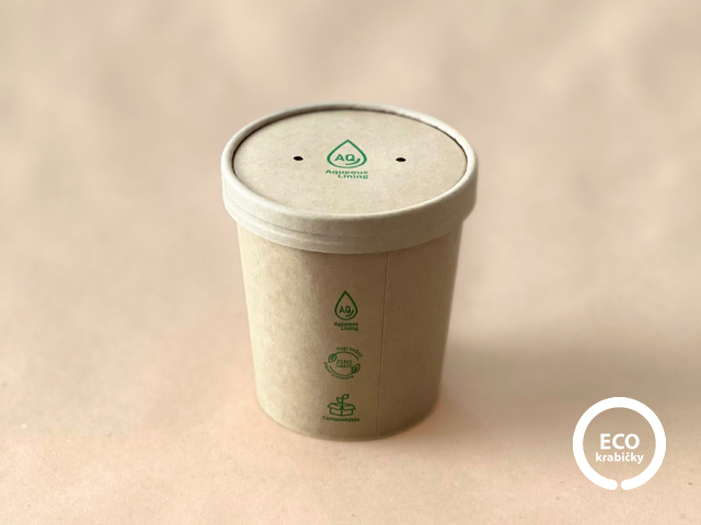 Bio papírová miska hnědá – PLASTIC FREE (16oz) 450ml, vičko zvlášť